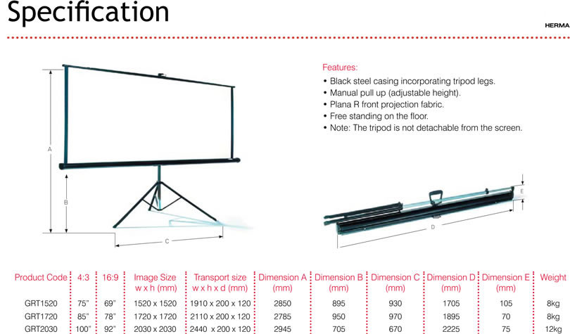 Tripod Screen Specifications